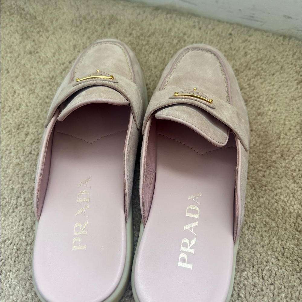 Prada Women's Light Pink Suede Slip-On Loafer Mules - Picture 5 of 6